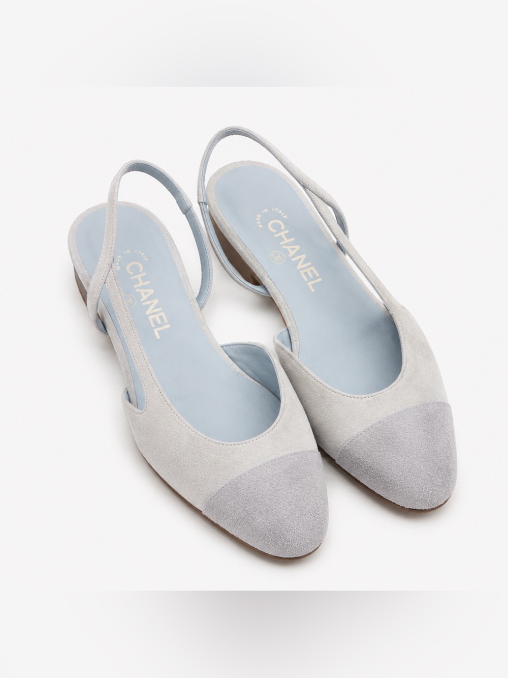 CHANEL Light Blue Suede Two-tone Cap-Toe Slingback Flats with Pale Blue Insole